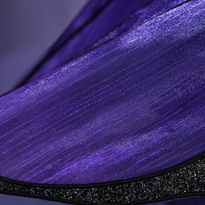 Honkai: Star Rail Castorice Gossamer Flutter cosplay costume sheer purple fabric texture and glittery black trim.