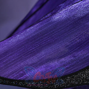 Honkai: Star Rail Castorice Gossamer Flutter cosplay costume sheer purple fabric texture and glittery black trim.