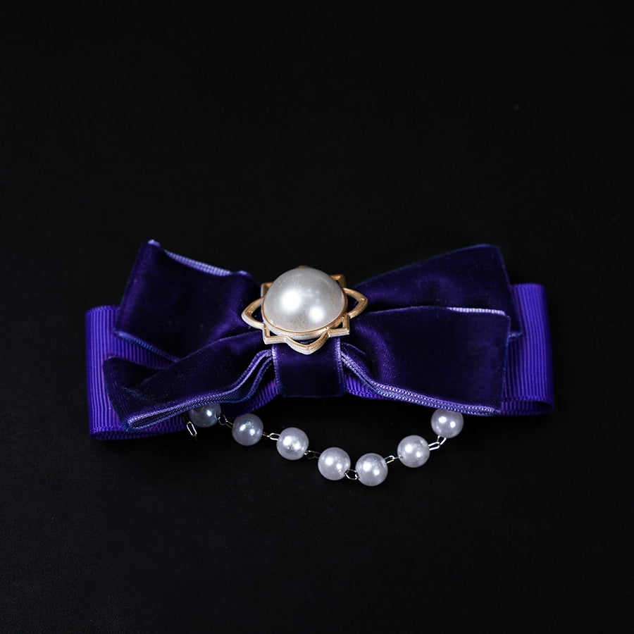 Honkai: Star Rail Castorice Gossamer Flutter cosplay costume sets purple velvet bow hair clip accented by a pearl-like bead.