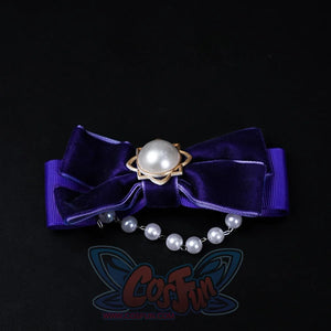 Honkai: Star Rail Castorice Gossamer Flutter cosplay costume sets purple velvet bow hair clip accented by a pearl-like bead.