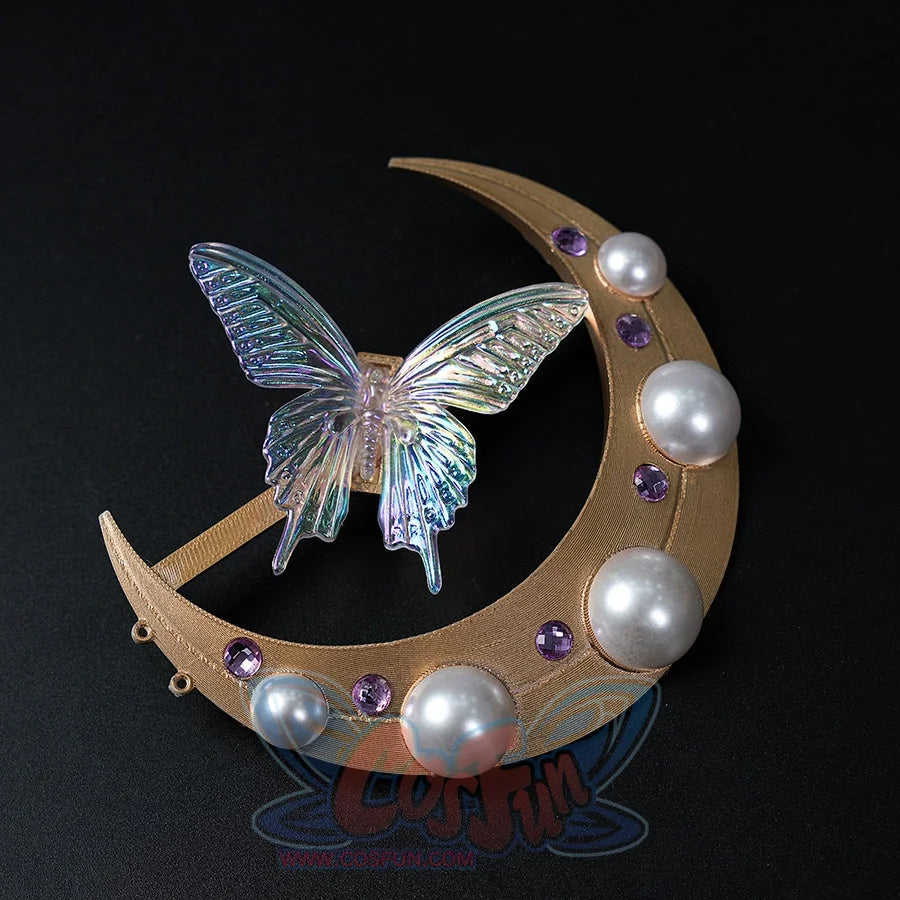 Honkai: Star Rail Castorice Gossamer Flutter cosplay costume gold-tone moon ornament centers an iridescent butterfly detail.