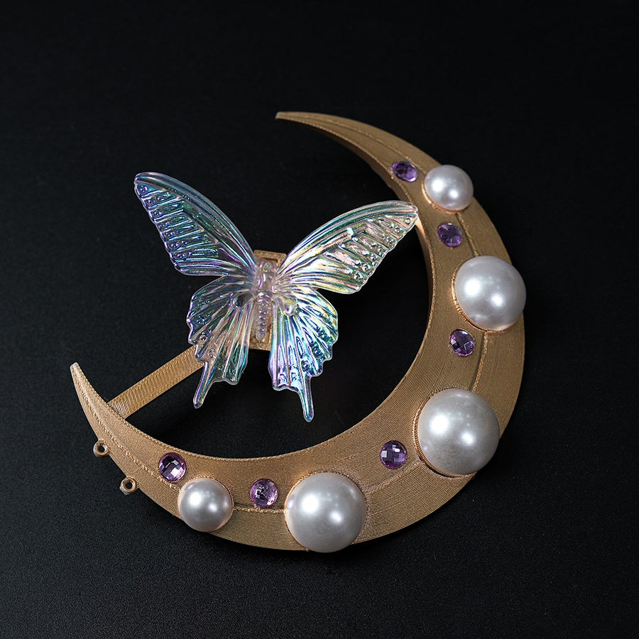 Honkai: Star Rail Castorice Gossamer Flutter cosplay costume gold-tone moon ornament centers an iridescent butterfly detail.