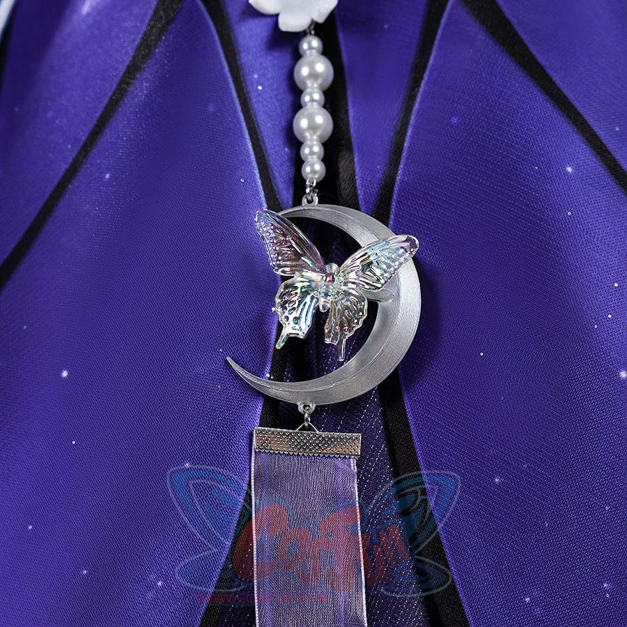 Honkai: Star Rail Castorice Gossamer Flutter cosplay costume centers a crescent moon ornament draped by pearl-like chains.