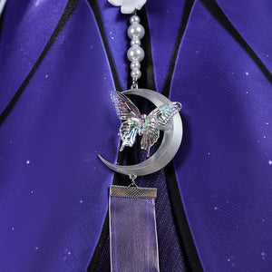 Honkai: Star Rail Castorice Gossamer Flutter cosplay costume centers a crescent moon ornament draped by pearl-like chains.