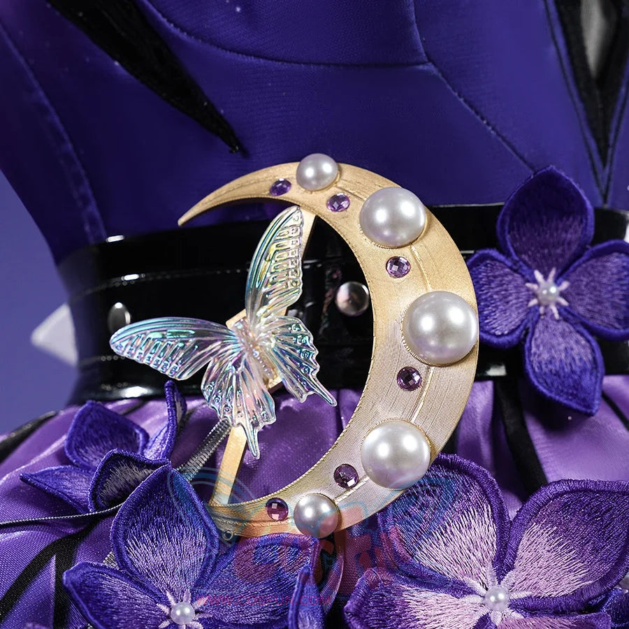 Honkai: Star Rail Castorice Gossamer Flutter cosplay costume centers a gold-tone moon waist ornament over purple floral lace.