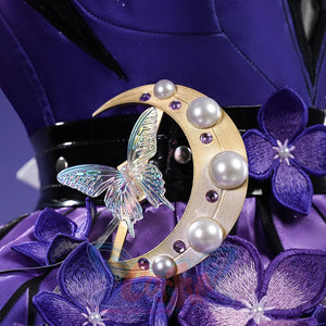 Honkai: Star Rail Castorice Gossamer Flutter cosplay costume centers a gold-tone moon waist ornament over purple floral lace.
