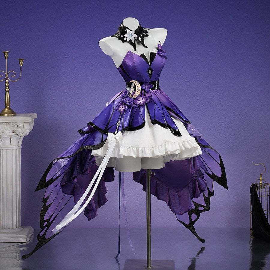 Honkai: Star Rail Castorice Gossamer Flutter cosplay costume presents a layered purple dress beside butterfly wing panels.