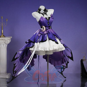 Honkai: Star Rail Castorice Gossamer Flutter cosplay costume presents a layered purple dress beside butterfly wing panels.