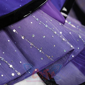 Honkai: Star Rail Castorice Gossamer Flutter cosplay costume layers purple fabric beside pale star-shaped bead accents.