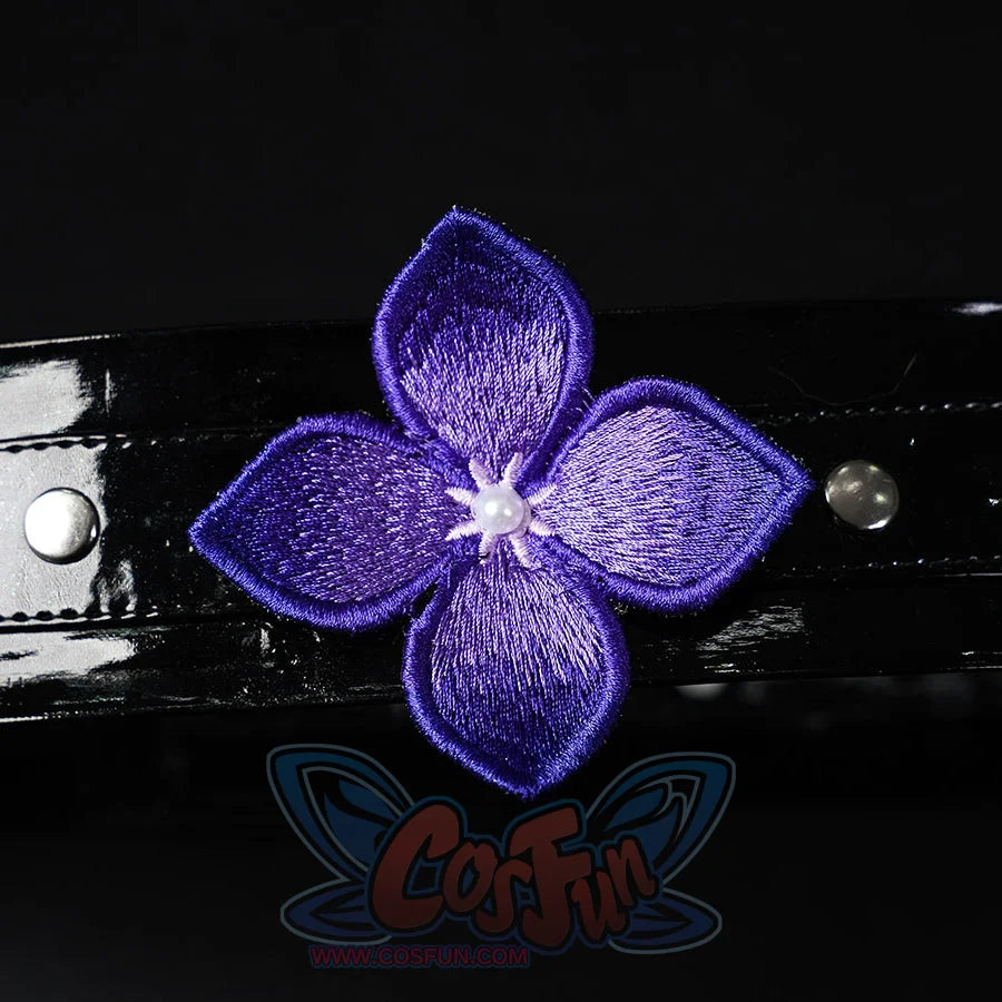 Honkai: Star Rail Castorice Gossamer Flutter cosplay costume presents a dark purple embroidered flower upon a glossy strap.