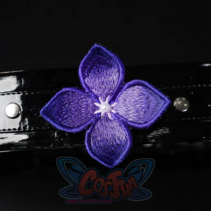 Honkai: Star Rail Castorice Gossamer Flutter cosplay costume presents a dark purple embroidered flower upon a glossy strap.