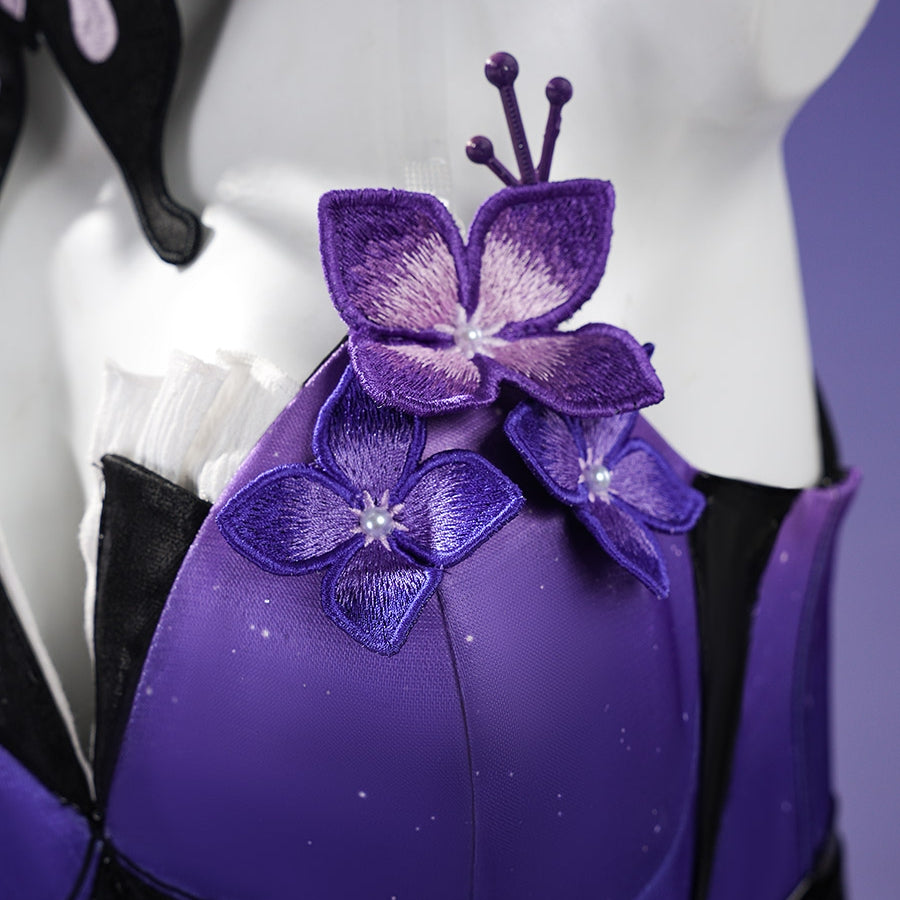 Honkai: Star Rail Castorice Gossamer Flutter cosplay costume presents intricate purple embroidered flowers on the bodice.