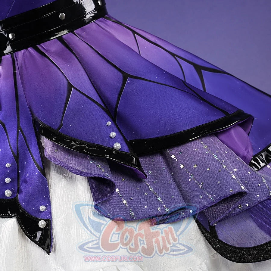 Honkai: Star Rail Castorice Gossamer Flutter cosplay costume presents purple skirt overlay beside pearl-like accents.