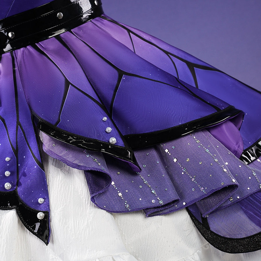 Honkai: Star Rail Castorice Gossamer Flutter cosplay costume presents purple skirt overlay beside pearl-like accents.
