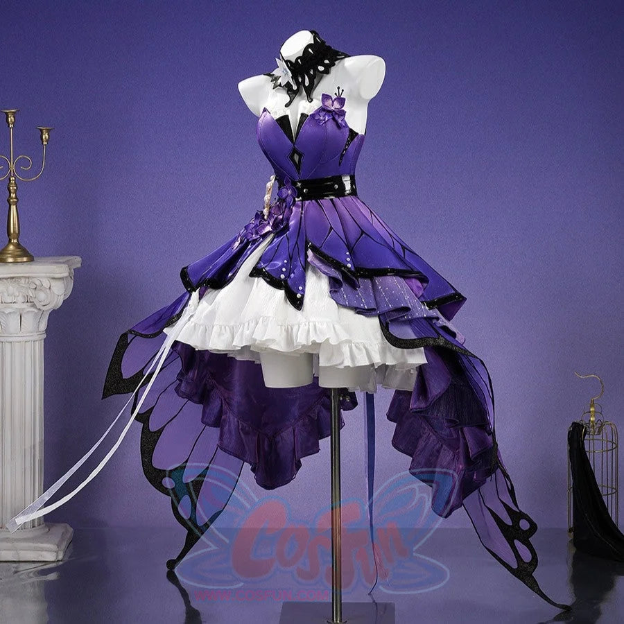 Honkai: Star Rail Castorice Gossamer Flutter cosplay costume layers ruffled white fabric under a winged purple dress.