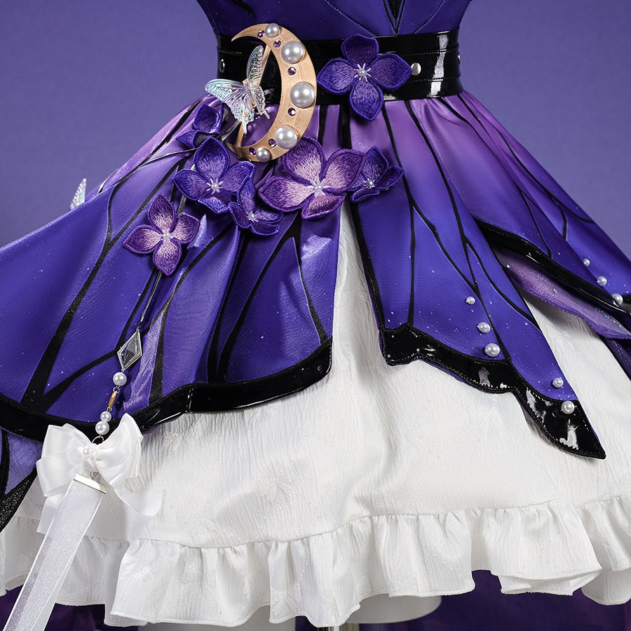Honkai: Star Rail Castorice Gossamer Flutter cosplay costume balances a purple petal skirt overlay atop a white ruffled hem.