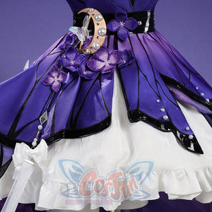Honkai: Star Rail Castorice Gossamer Flutter cosplay costume balances a purple petal skirt overlay atop a white ruffled hem.