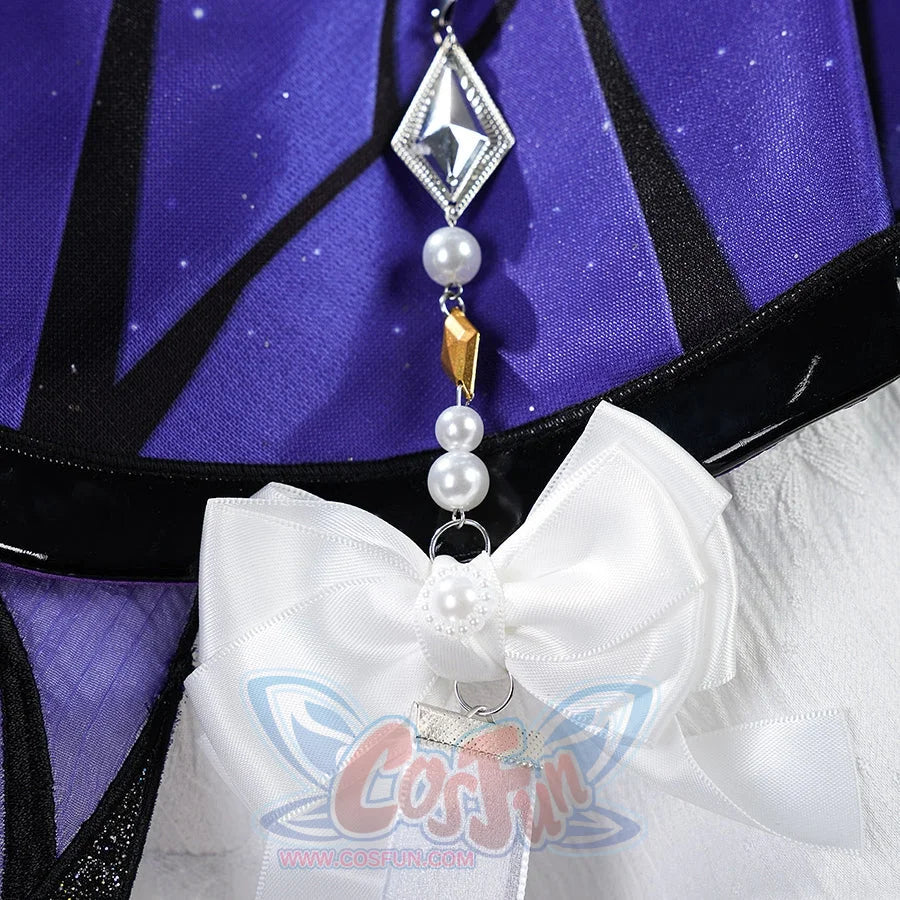 Honkai: Star Rail Castorice Gossamer Flutter cosplay costume anchors a white ribbon bow beneath a dangling bead chain.