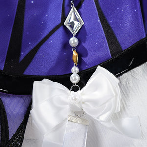 Honkai: Star Rail Castorice Gossamer Flutter cosplay costume anchors a white ribbon bow beneath a dangling bead chain.