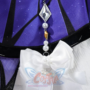 Honkai: Star Rail Castorice Gossamer Flutter cosplay costume anchors a white ribbon bow beneath a dangling bead chain.