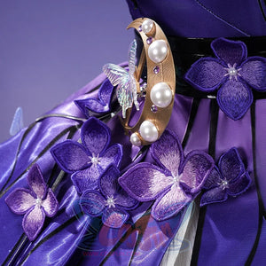 Honkai: Star Rail Castorice Gossamer Flutter cosplay costume anchors a gold-tone moon waist ornament atop purple fabric.