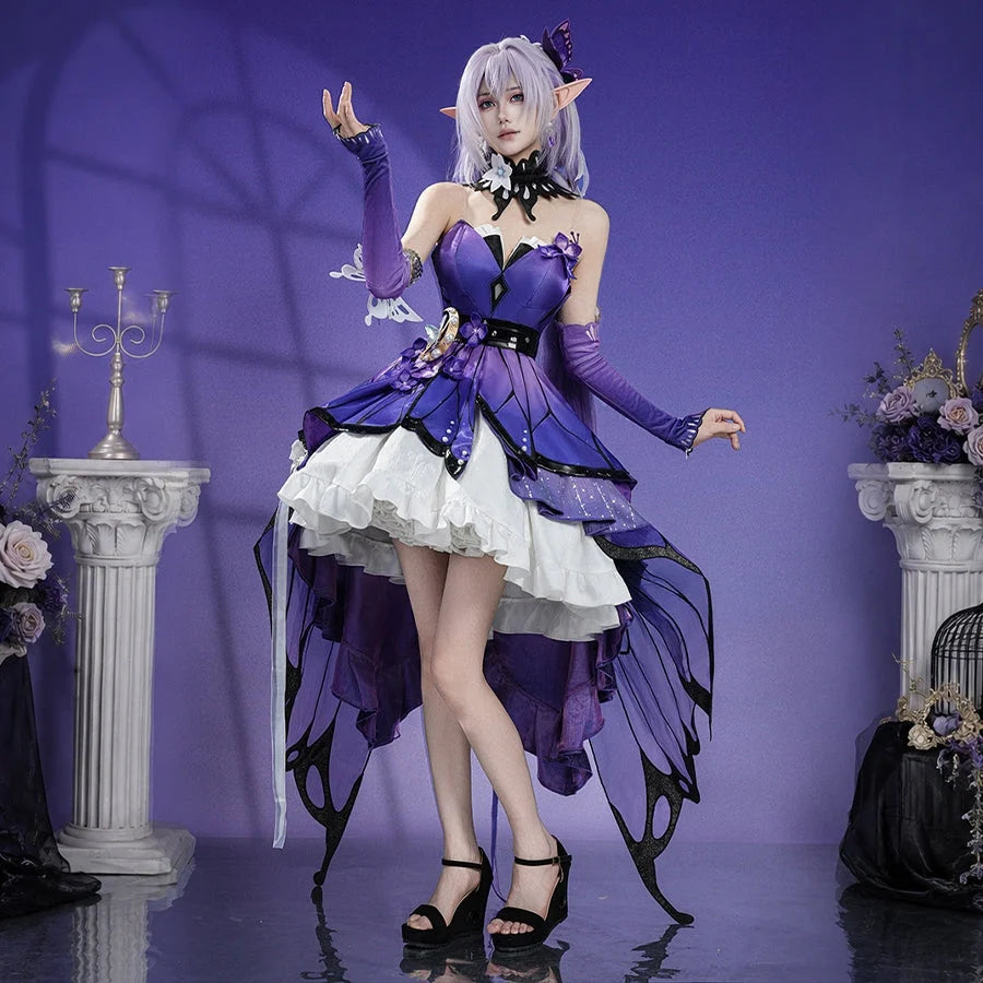COSFUN Honkai: Star Rail Castorice Gossamer Flutter cosplay costume includes detailed butterfly accents and purple dress.