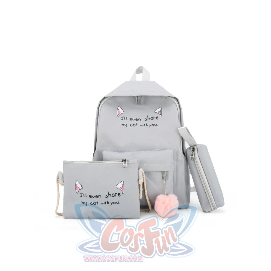 Cat Ears Printed Candy Color Canvas Backpack Handbag 3Pcs Set