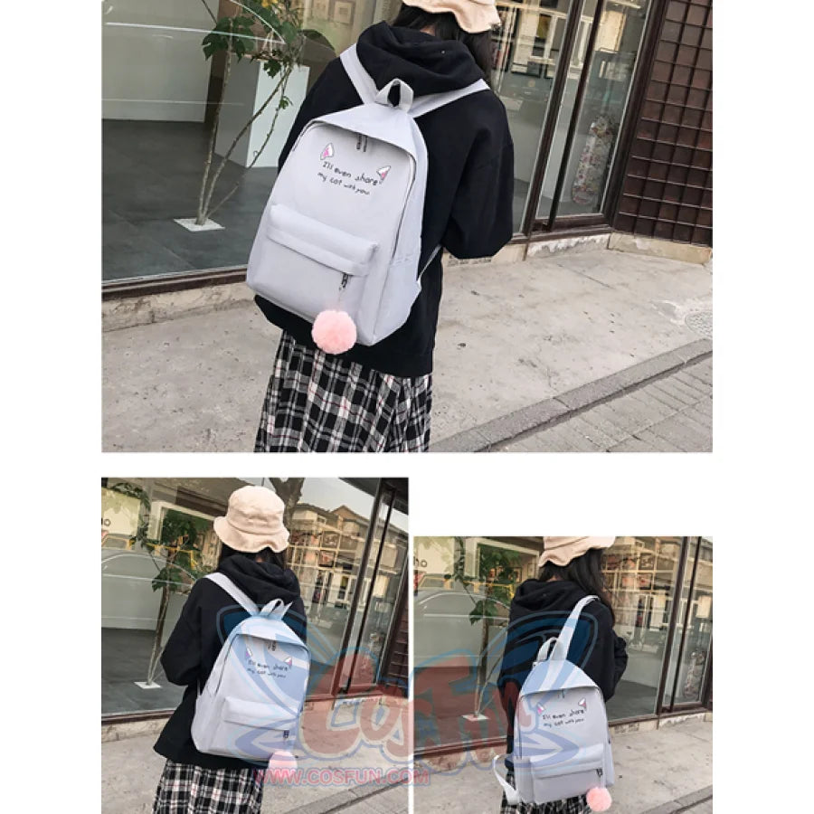 Cat Ears Printed Candy Color Canvas Backpack Handbag 3Pcs Set