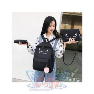 Cat Ears Printed Candy Color Canvas Backpack Handbag 3Pcs Set Black / One Size