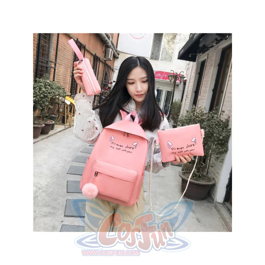 Cat Ears Printed Candy Color Canvas Backpack Handbag 3Pcs Set Yellow / One Size