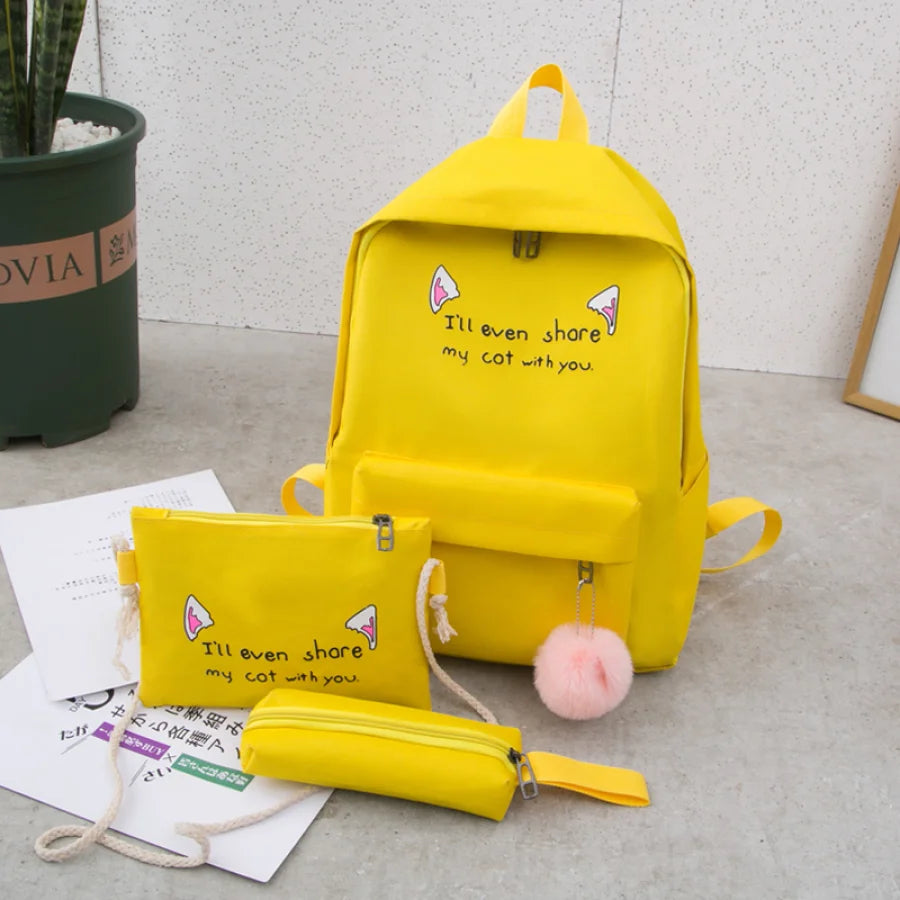 Cat Ears Printed Candy Color Canvas Backpack Handbag 3Pcs Set Yellow / One Size