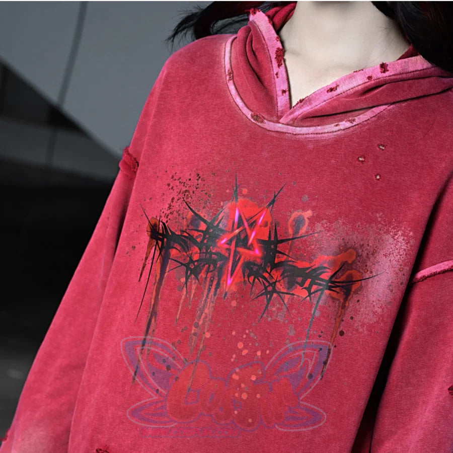 Winter Washed Terry Loop Printed Loose Long-Sleeved Hoodie