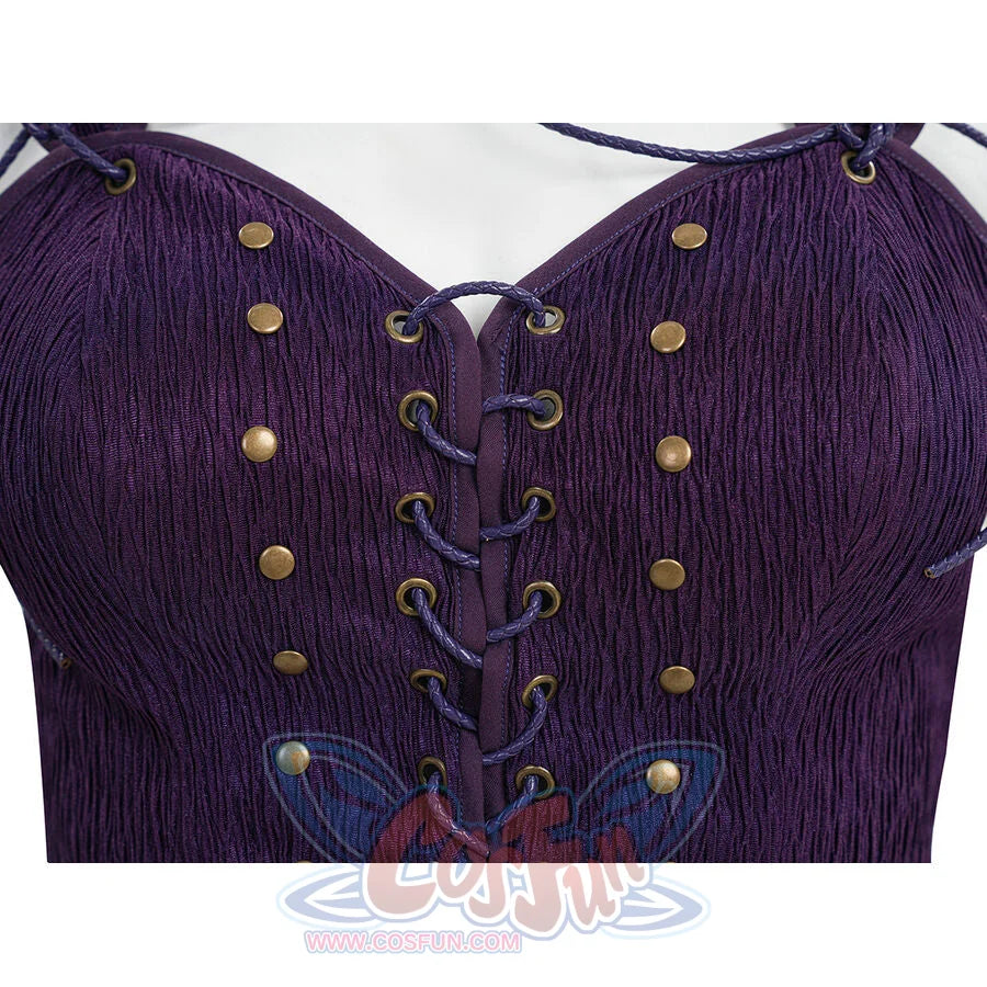 Extreme close-up of Robin cosplay purple corset fabric texture with bronze eyelet lace-up detail