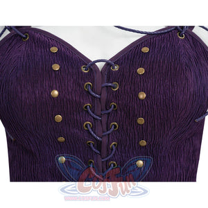 Extreme close-up of Robin cosplay purple corset fabric texture with bronze eyelet lace-up detail