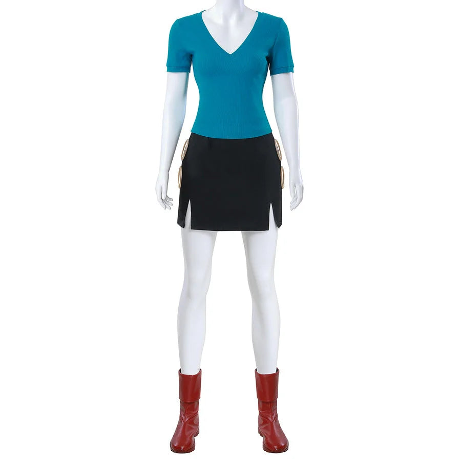 Live Action Pirate Navigator Nami cosplay costume with blue V-neck top, black skirt, and red boots
