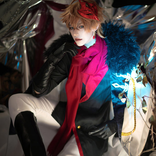 Childe cosplay costume seated view with a fur-trimmed white coat, black outfit and red scarf.