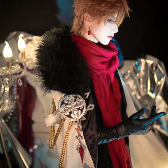 Childe cosplay costume side view featuring a red scarf and decorated sleeve beneath a black fur collar.
