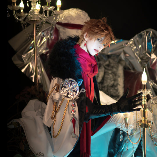 Childe cosplay costume three-quarter view in a white coat with a red scarf and gold-tone chain details.