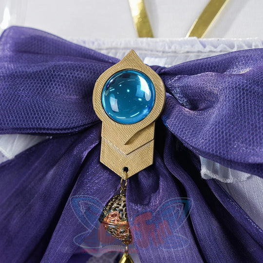 Genshin Impact Citlali Whispers of Stars and Smoke cosplay costume secures blue gem-like vision above a gold-tone bell.
