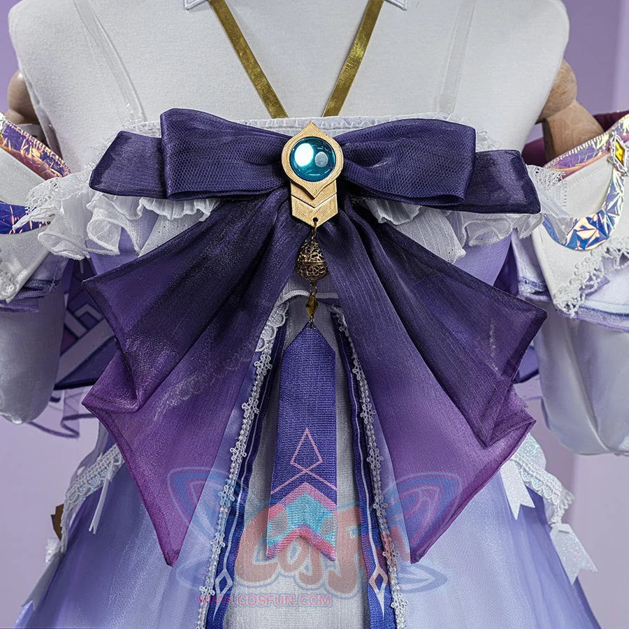 Genshin Impact Citlali Whispers of Stars and Smoke cosplay costume purple chest bow and teal vision.