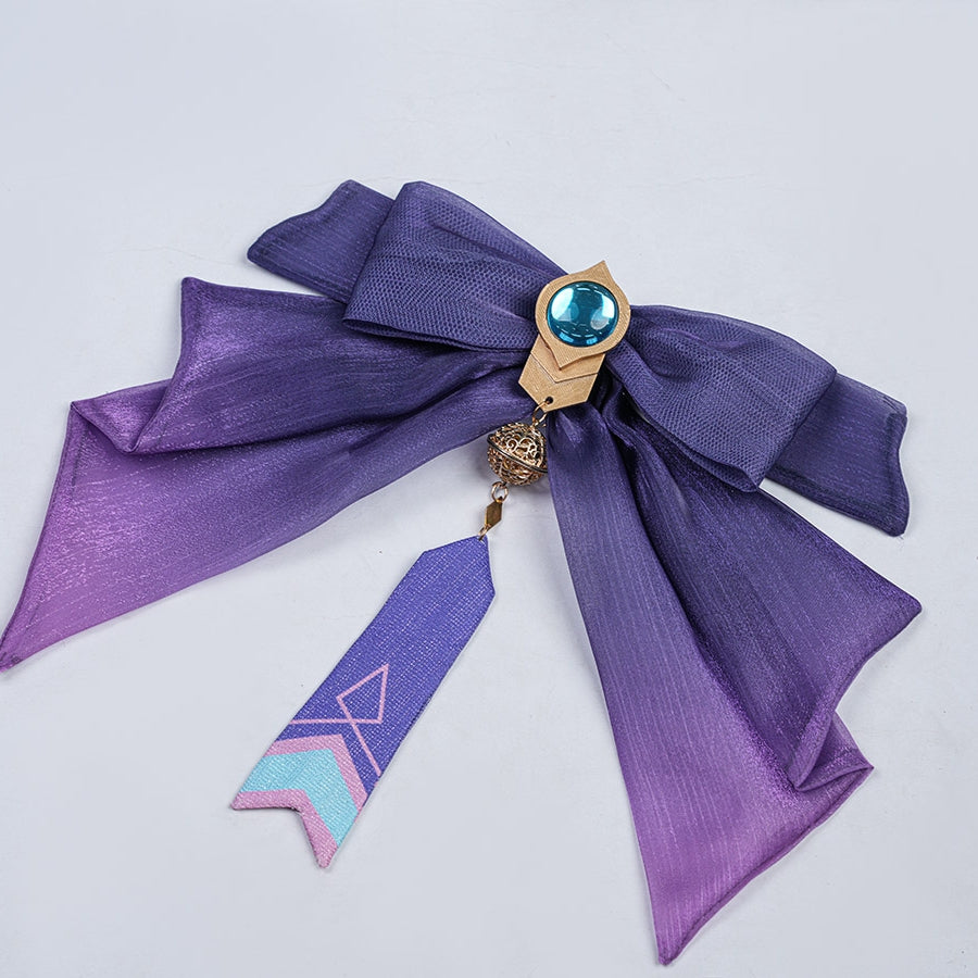Genshin Impact Citlali Whispers of Stars and Smoke cosplay costume centers a purple fabric bow under a blue gem-like pendant.