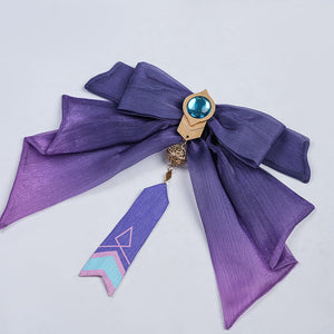 Genshin Impact Citlali Whispers of Stars and Smoke cosplay costume centers a purple fabric bow under a blue gem-like pendant.