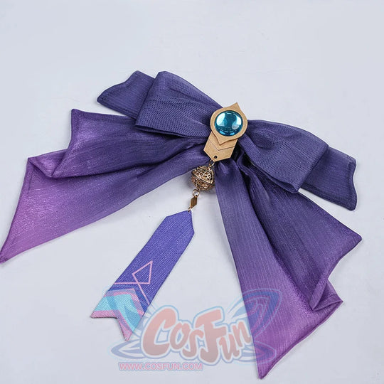 Genshin Impact Citlali Whispers of Stars and Smoke cosplay costume centers a purple fabric bow under a blue gem-like pendant.