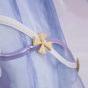 Genshin Impact Citlali Whispers of Stars and Smoke cosplay costume sets a gold-tone clover ornament over layers of chiffon.