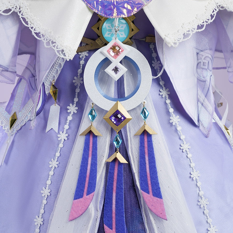 Genshin Impact Citlali Whispers of Stars and Smoke cosplay costume centers layered lace over a violet dress beside pendants.