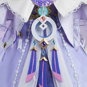 Genshin Impact Citlali Whispers of Stars and Smoke cosplay costume centers layered lace over a violet dress beside pendants.