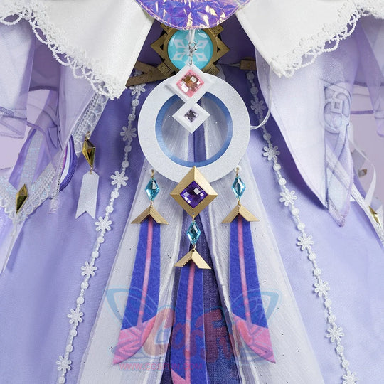 Genshin Impact Citlali Whispers of Stars and Smoke cosplay costume centers layered lace over a violet dress beside pendants.