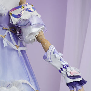 Genshin Impact Citlali Whispers of Stars and Smoke cosplay costume sleeve detail layers purple fabric under lace trim.