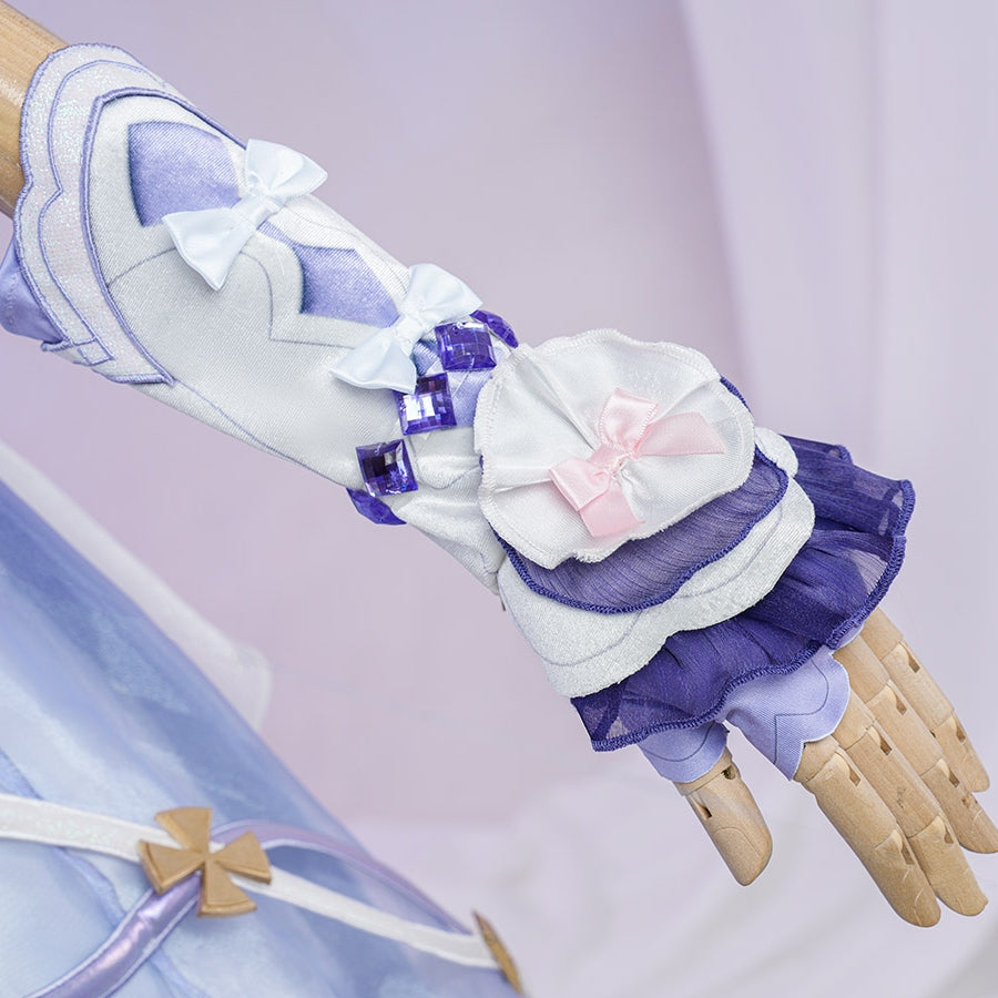 Genshin Impact Citlali Whispers of Stars and Smoke cosplay costume sleeve beside purple ruffles and pink ribbon accents.