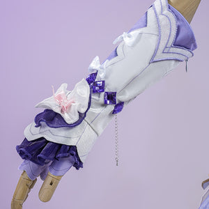 Genshin Impact Citlali Whispers of Stars and Smoke cosplay costume centers on a white and purple sleeve beside ribbon bows.